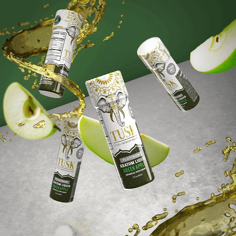 Interaction of kratom and alcohol depicted by Tusk Kratom green products floating with fruits in front of a green and white background.