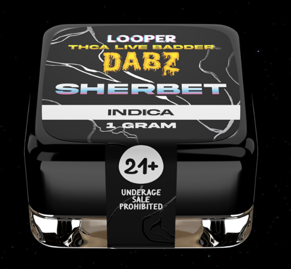 THCA live badder dabz from Looper displayed showing the black box container in front of a starry black background.