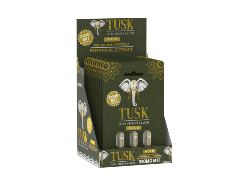 Full Spectrum Kratom Extract product from Tusk Kratom showing the green powder and capsules.