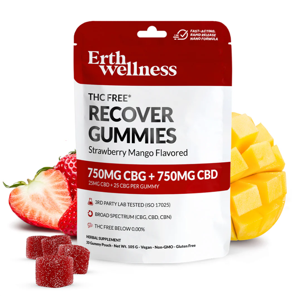 Recovery gummies from Erth Wellness displayed inside its red and white pack with strawberry, mango, and gummies beside it in front of a white background.