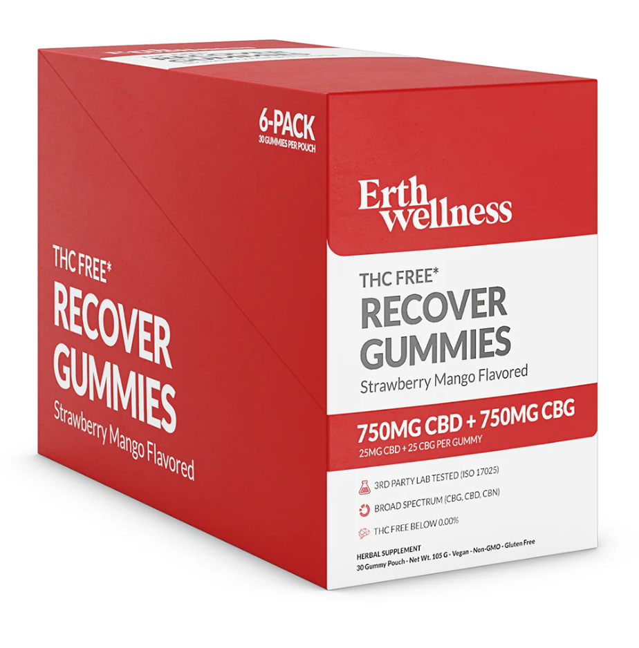 Box of recovery gummies from Erth Wellness displayed in front of a white background.