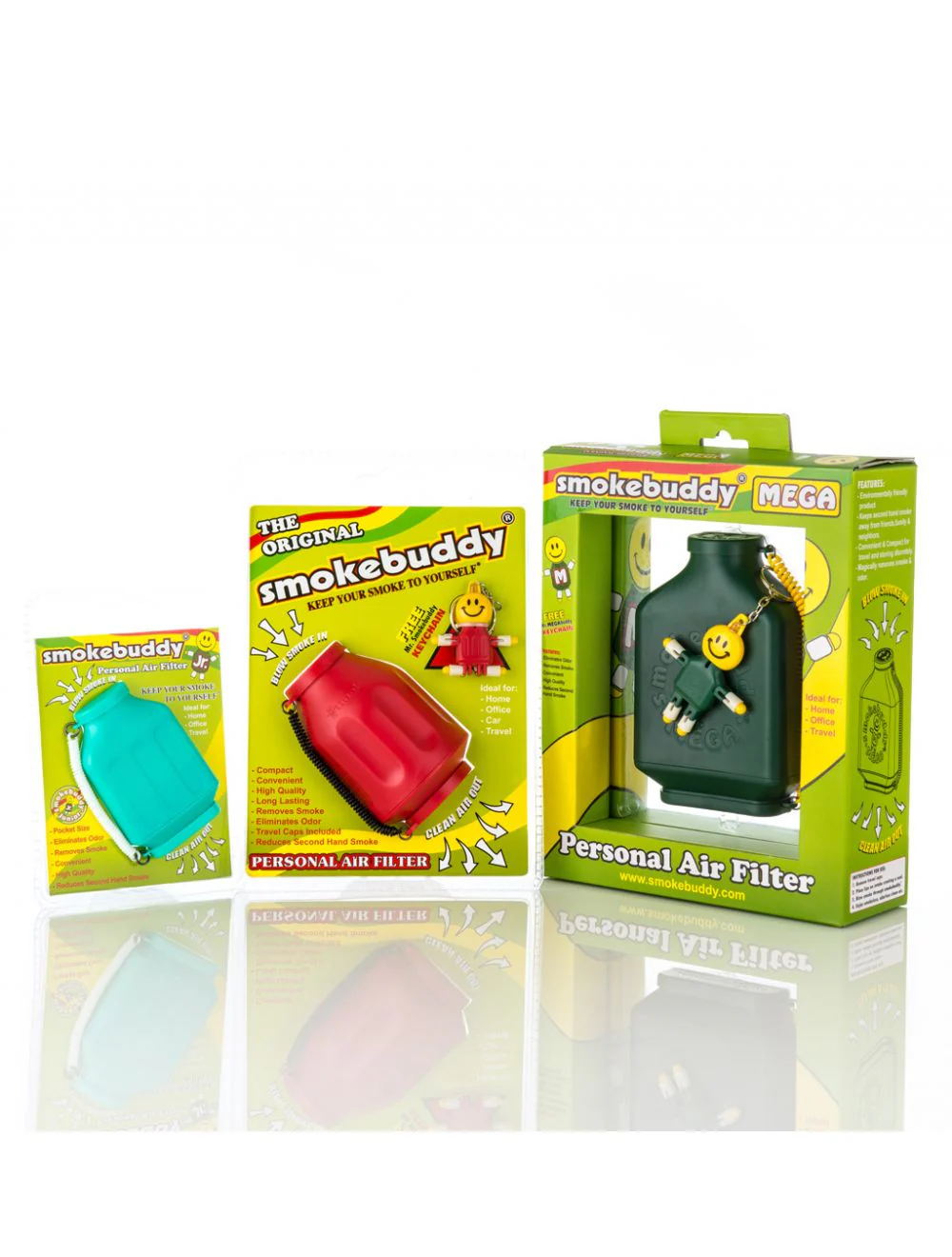 Personal air filter for dabs from Smokebuddy displayed beside each other in front of a white background.