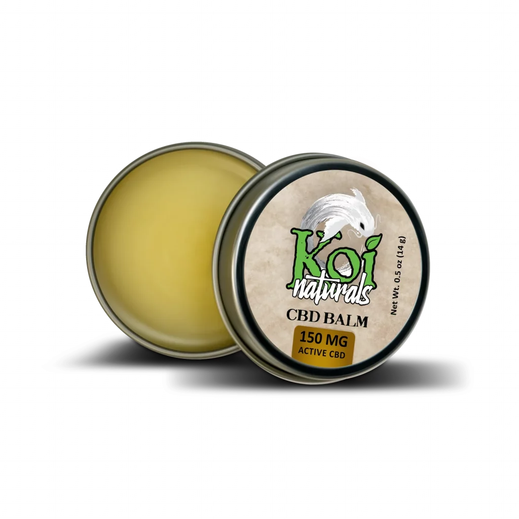 CBD balms from Koi CBD displayed open and sideways in front of a white background showing the text Koi CBD.