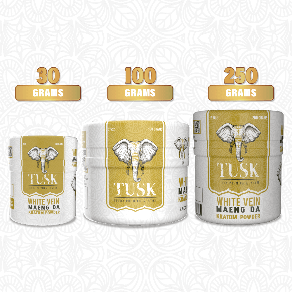 Tusk Kratom powder products depicting kratom powder taste showing three different sizes of the same product in front of a white background and text indicating their quantity.