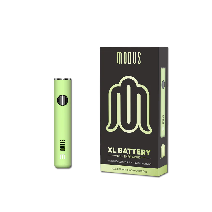 Green Modus Brand XL 510 Battery displayed in front of a white background showing the device itself and the green and black box.