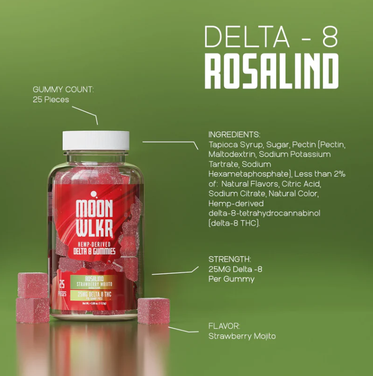 MOONWLKR Delta 8 Gummies — Strawberry Mojito displayed in front of a green background with texts all over showing the ingredients and other details about the products.