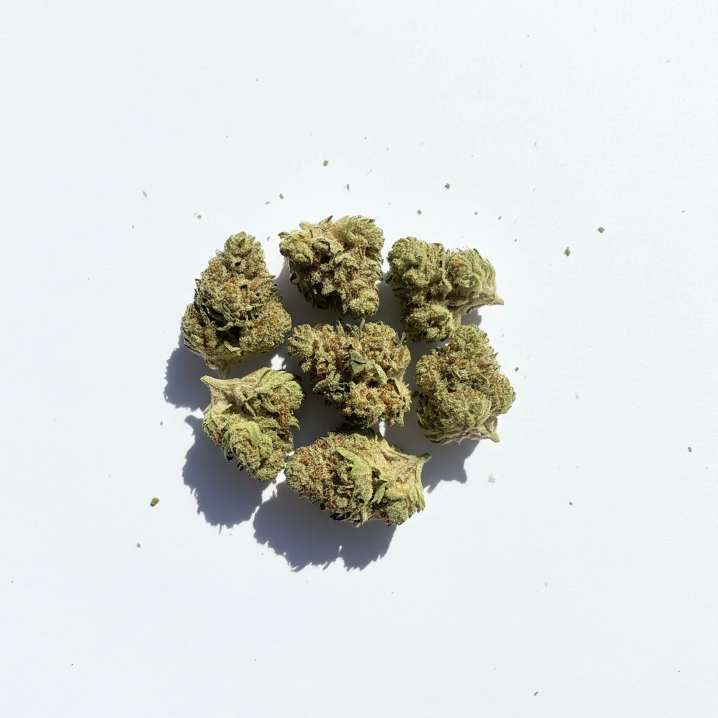 Sativa Supply House Tropicana Smalls scattered on a sky blue surface.