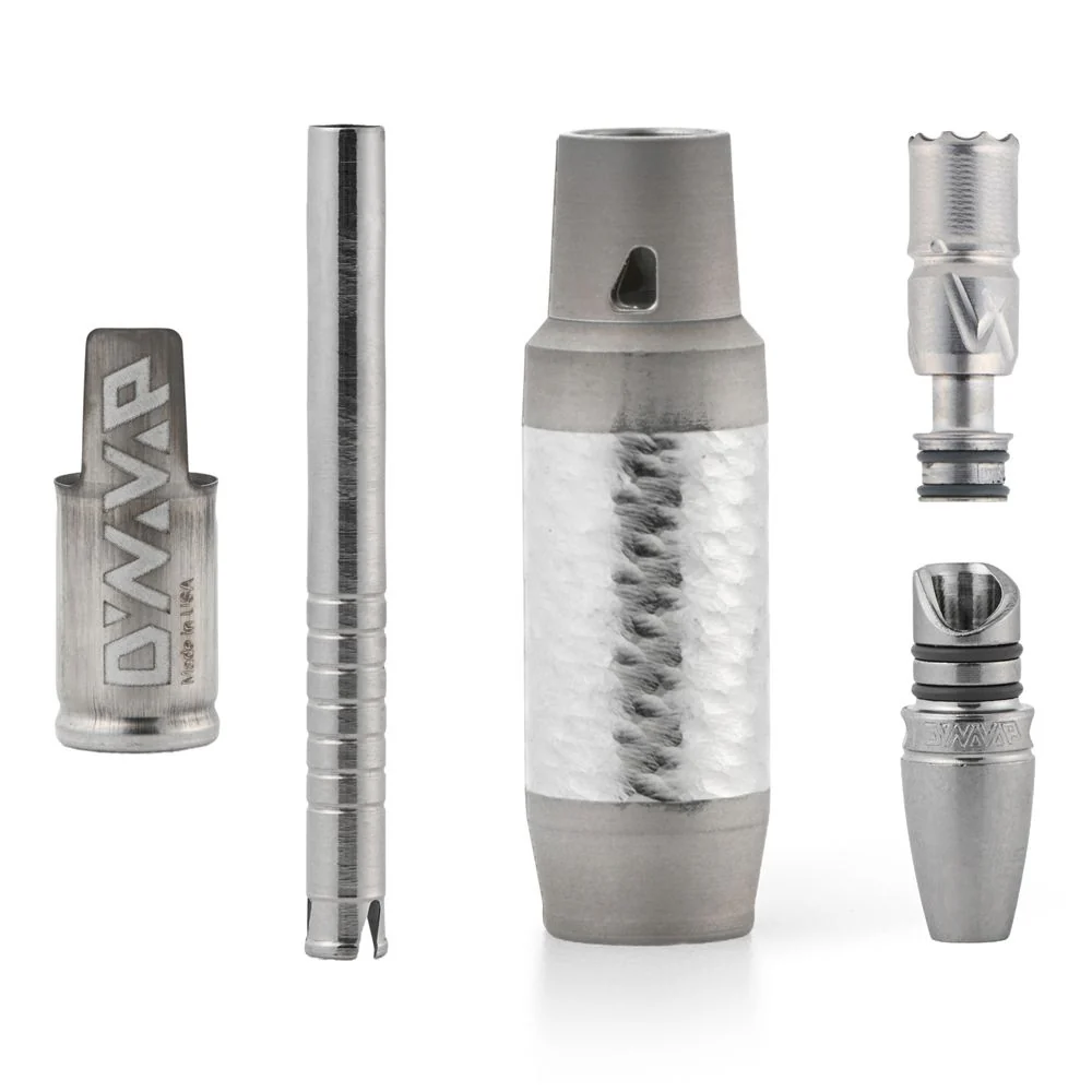Dynavap The VonG X displayed in front of a white background showing the container and the device itself.