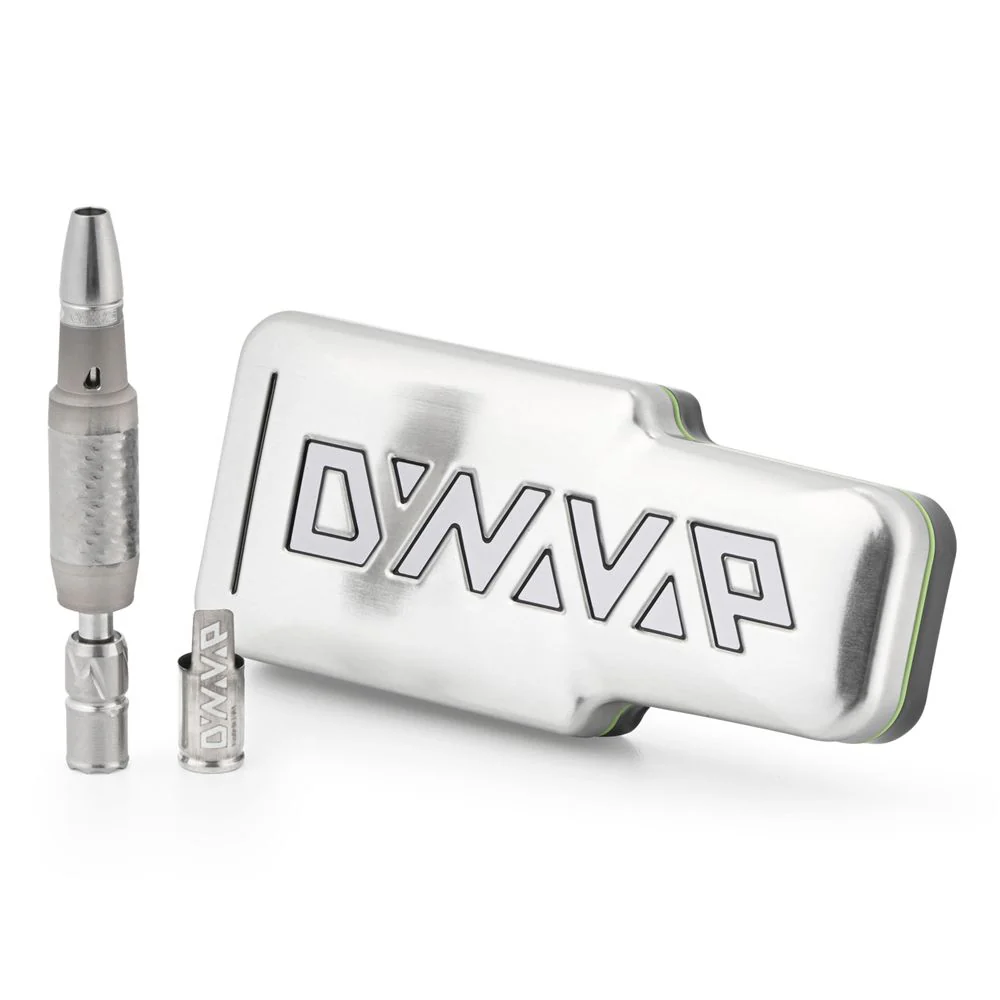 Dynavap The VonG X displayed in front of a white background showing the container and the device itself.