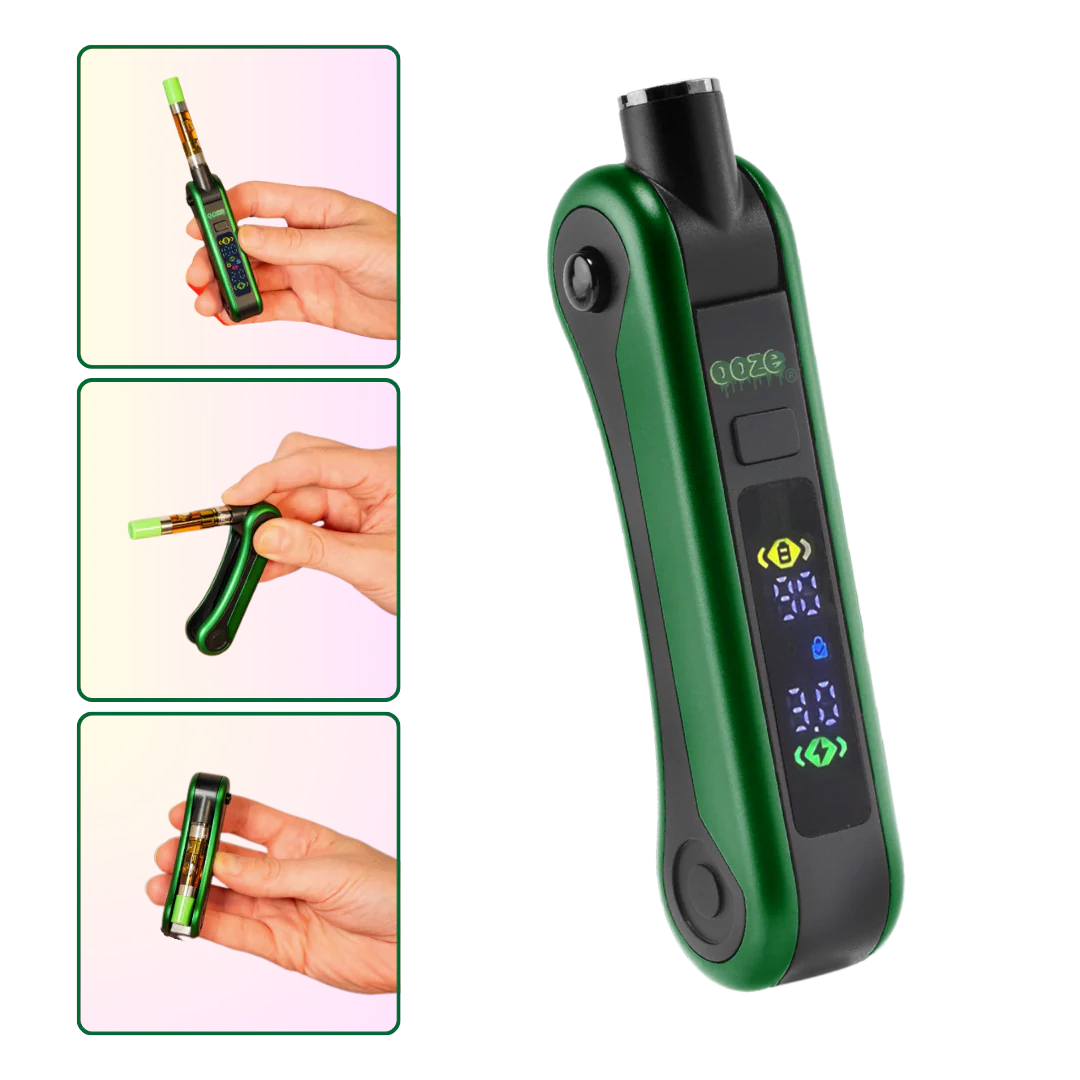 Hinge Flick 510 Thread Battery – 210 mAh – Green Drip displayed being held by a person to show different sides of it.
