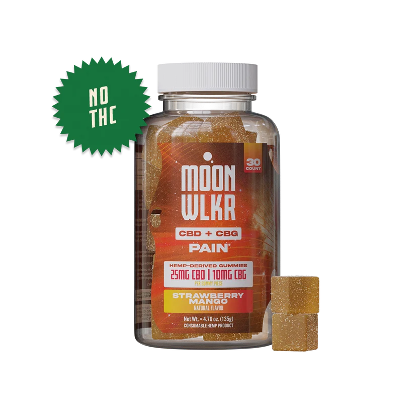 MOONWLKR CBD:CBG Pain Relief Gummies WITH "no thc text" shown, displayed in front of a white background.
