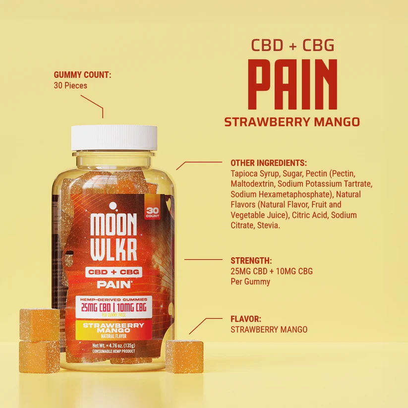 MOONWLKR CBD:CBG Pain Relief Gummies shown in front of a yellow background with the specific ingredients and benefits shown in text.