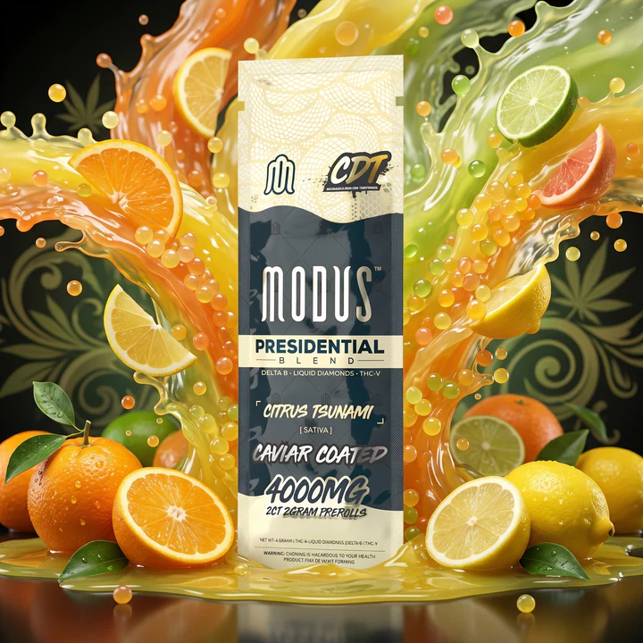 Presidential blend product from Modus brand showing a very colorful background of fruits splashing.