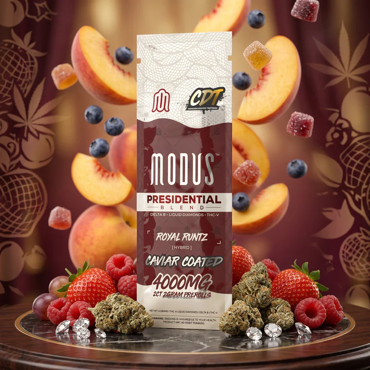 Presidential blend product from Modus brand showing a very colorful background of fruits splashing.