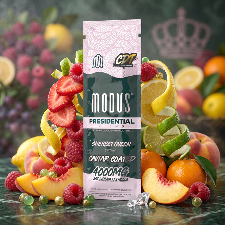 Presidential blend product from Modus brand showing a very colorful background of fruits splashing.