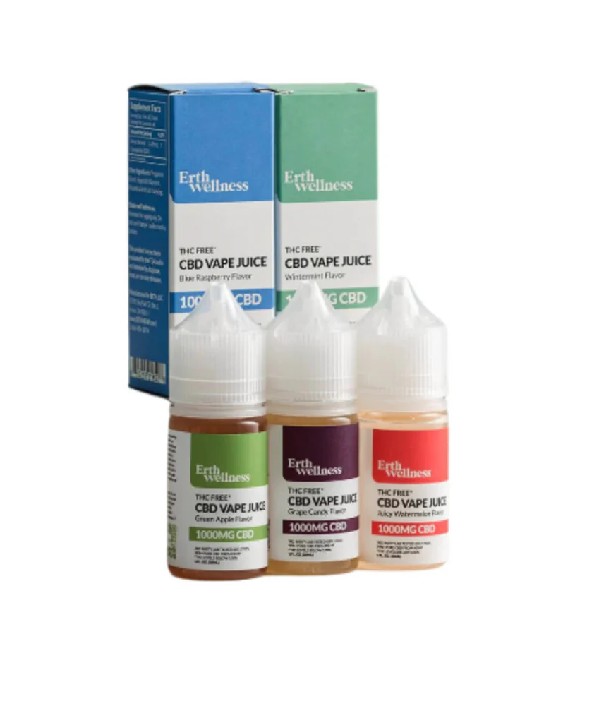 Best CBD vape juice by Erth Wellness displayed in front of a white background.