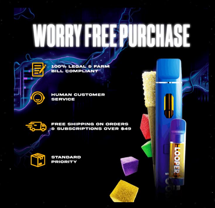 Looper THCA Prerolls: Jet Fuel displayed in front of a dark blue and black background showing texts about the benefits of buying it.