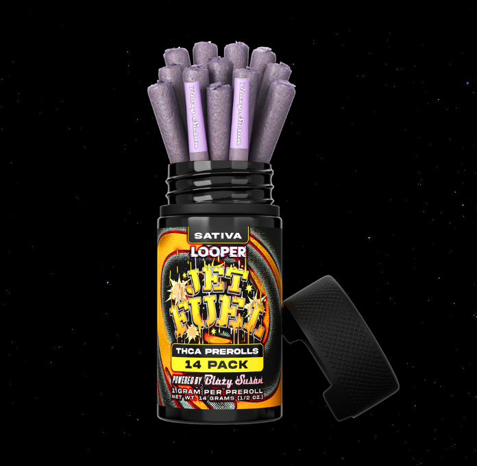 Looper THCA Prerolls: Jet Fuel displayed in front of a black background showing the pre rolls.
