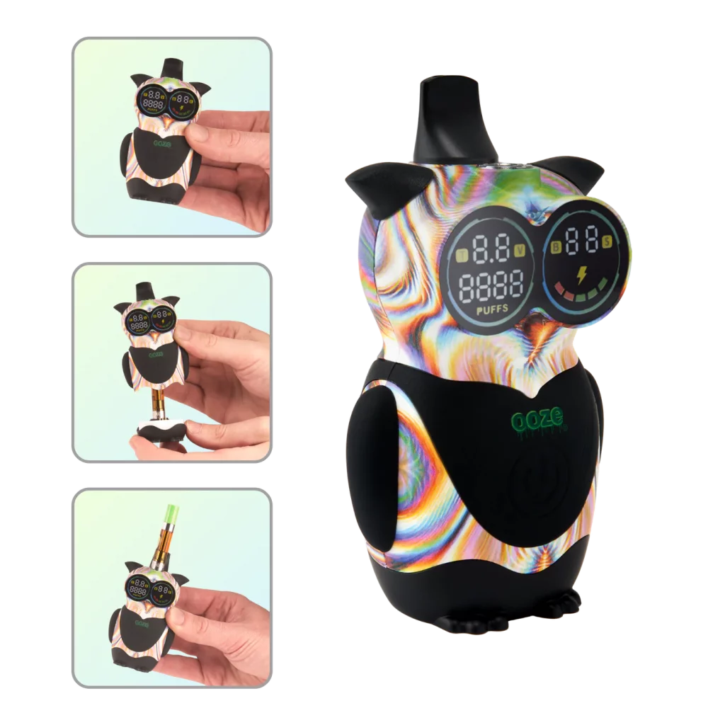 Ooze Hoot Character Vape – 650 mAh - Glitch  images in 3 small boxes showing different products held by someone.