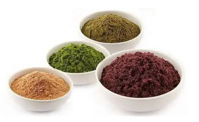 Kratom vs Kava shown by Tusk Kratom powders served on four different bowls in a white background.