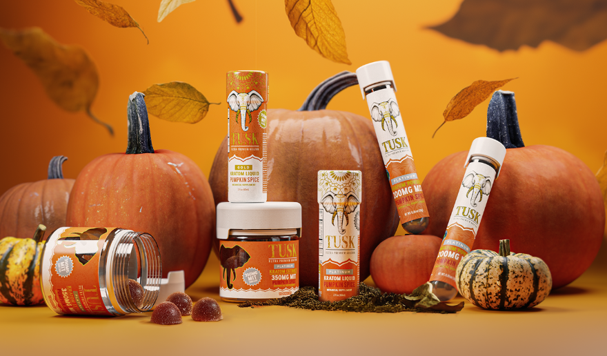 Kratom and Caffeine mixture as shown by the image displaying Tusk Kratom products in front of pumpkins and an orange background.