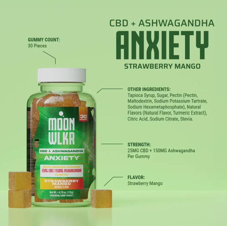 MOONWLKR CBD:Ashwagandha Stress Relief Gummies — Strawberry Mango displayed in front of a green background showing the text explaining the benefits of the product.