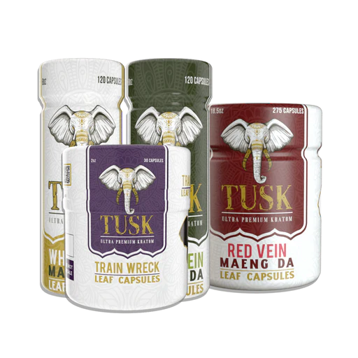 Kratom vs Kava shown by Tusk Kratom four products showing different strains of kratom in front of a white background.