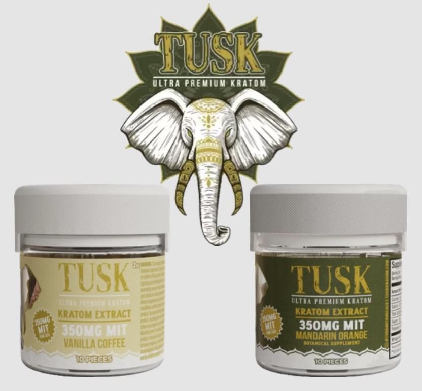 Kratom capsule product alternative in kratom powder form displayed in front of a white background and the Tusk Kratom logo at the top middle.