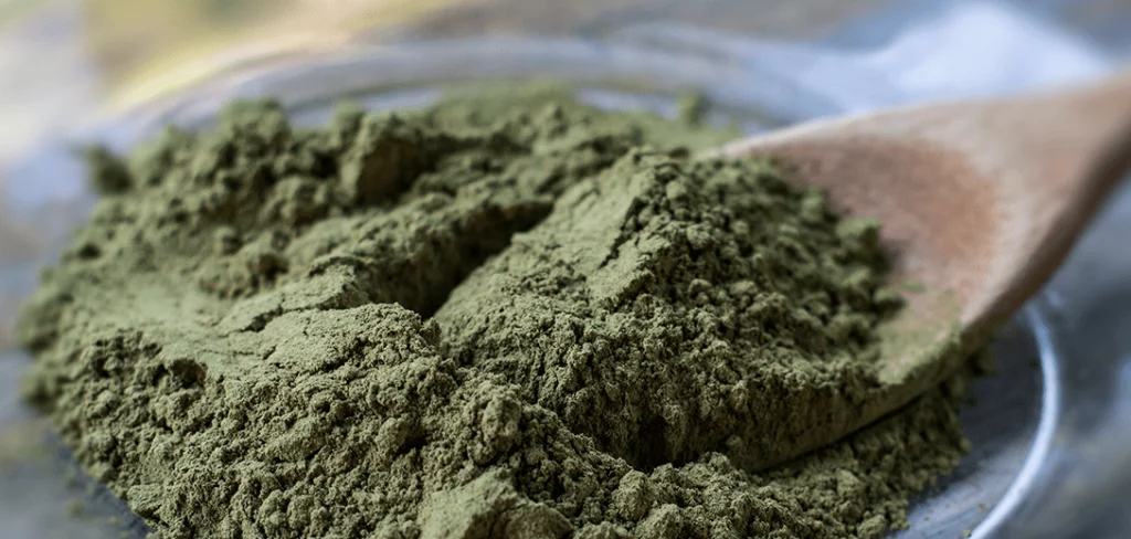 Do kratom gummies work? Shown by a green kratom powder inside a container being scooped by a wooden spoon.