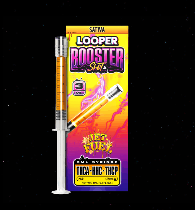 Looper Booster Shot 3ML: Jet Fuel displayed in front of a black background showing the syringe and packaging.