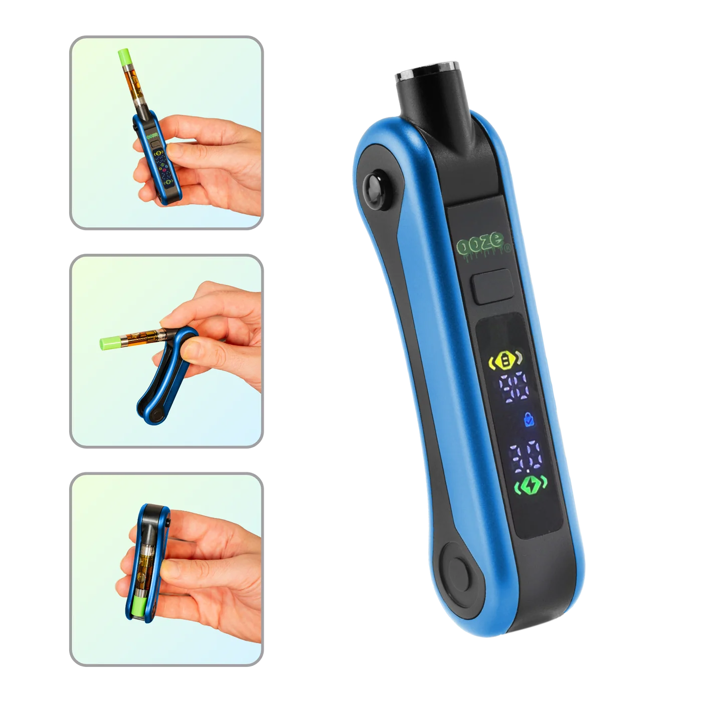Ooze Hinge Flick 510 Thread Battery – 210 mAh – Sapphire Blue displayed showing its different sides being held by a person.