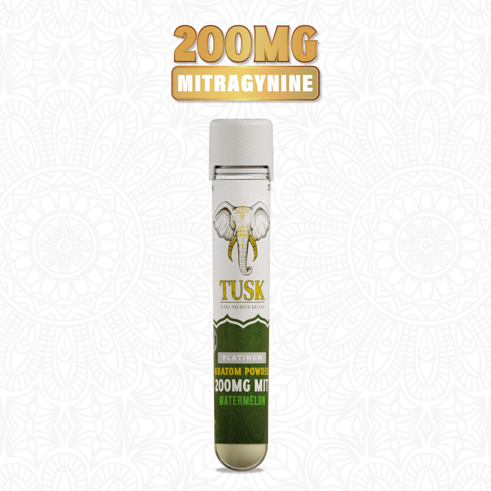 Kratom shot from a Tusk Kratom product vial shown in front of a white background with contents descripbed above it through a golden text with white text underneath.