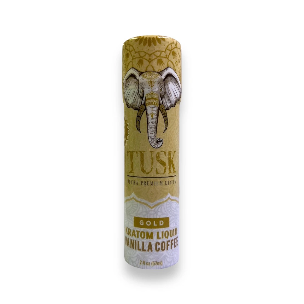 Kratom shot inside a Tusk Gold ultra premium kratom liquid vanilla coffee displayed in front of a white background.