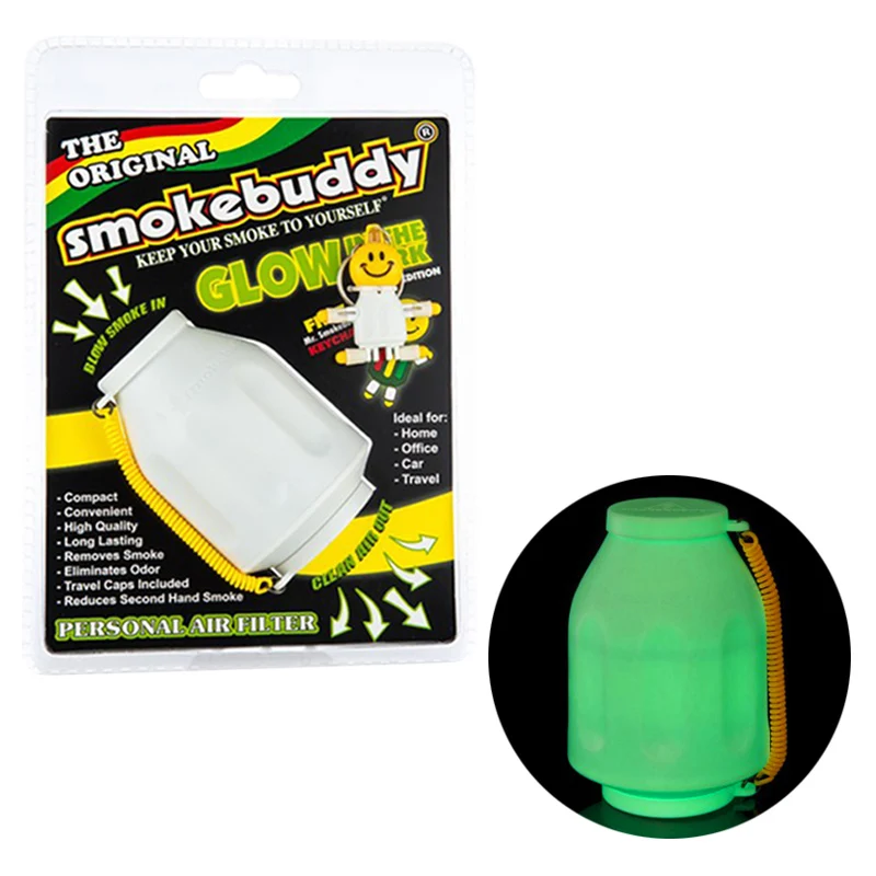White and green odor eliminator devices from Smokebuddy displayed in front of a white background and inside a black circle. 