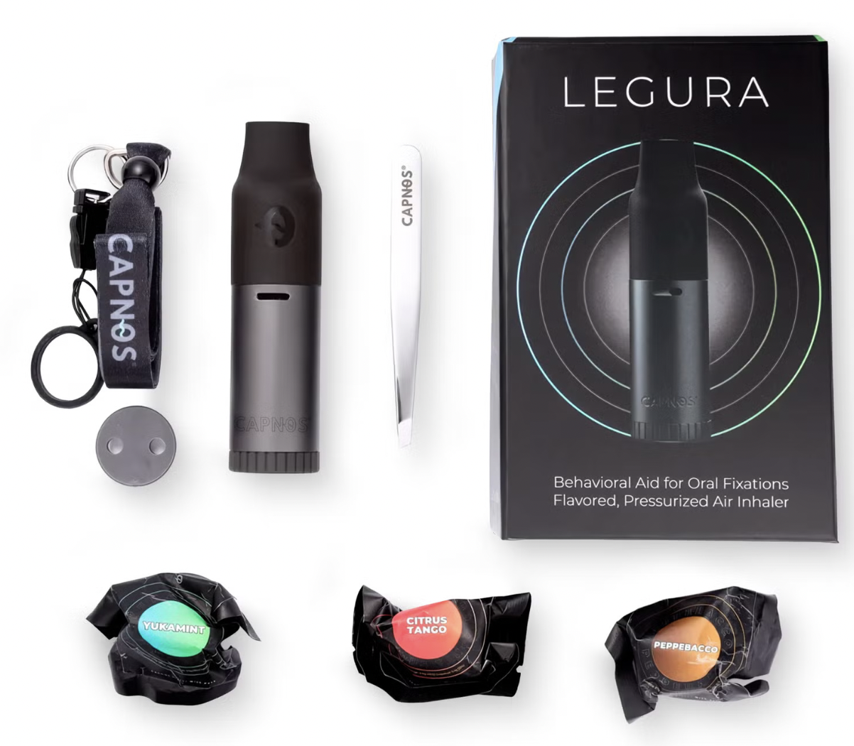 Qutting vape now shown CAPNOS pressurized air inhalers including the flavorings and the package box displayed in front of a white background.