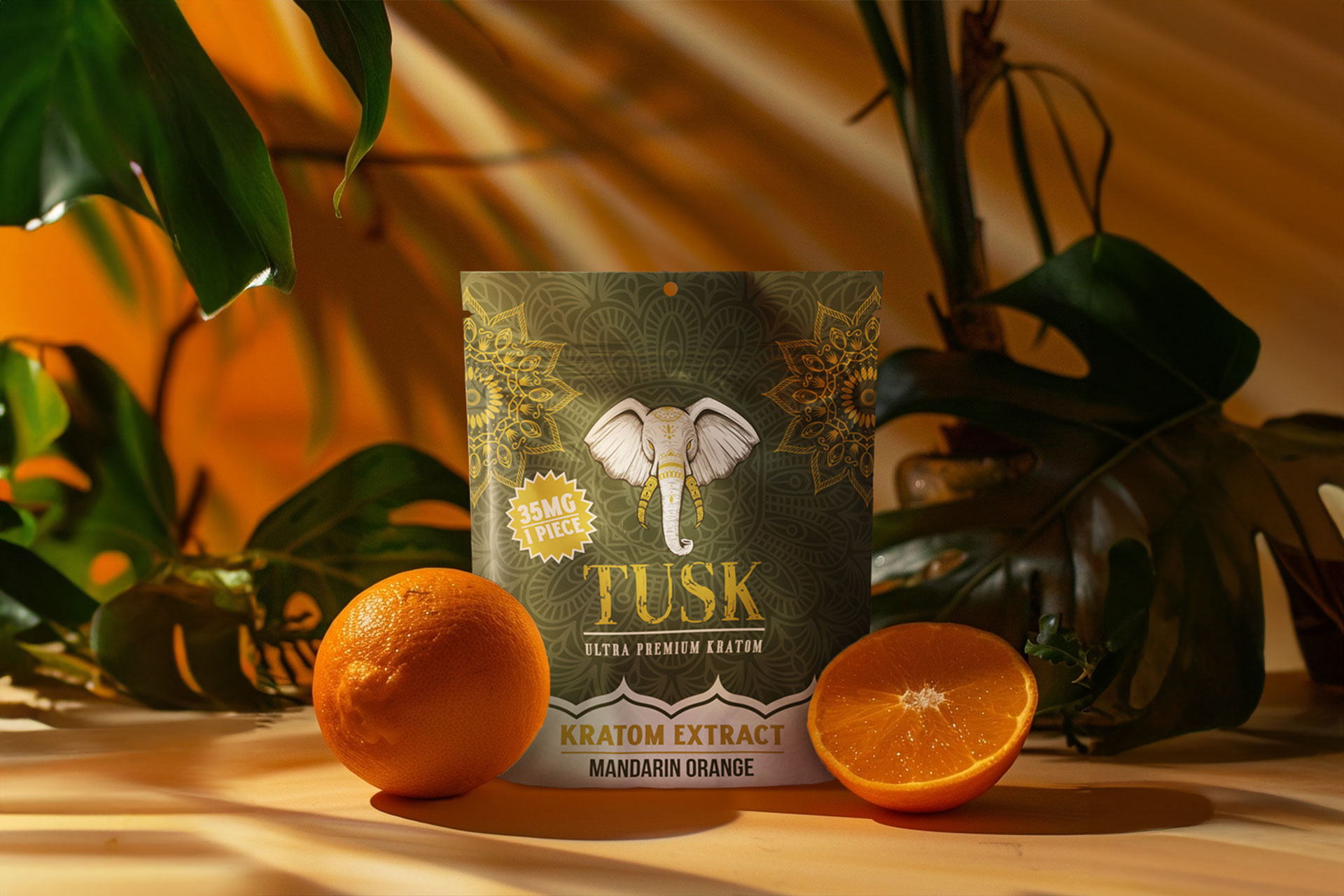 Do kratom gummies work? Answered by a Tusk Kratom product displayed in front of a sunlit background with leaves and oranges.