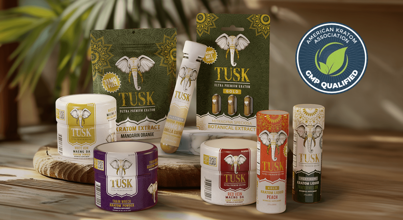 Kratom beverage with other Tusk Kratom products displayed in front of a green plant and a white wall with shadows.