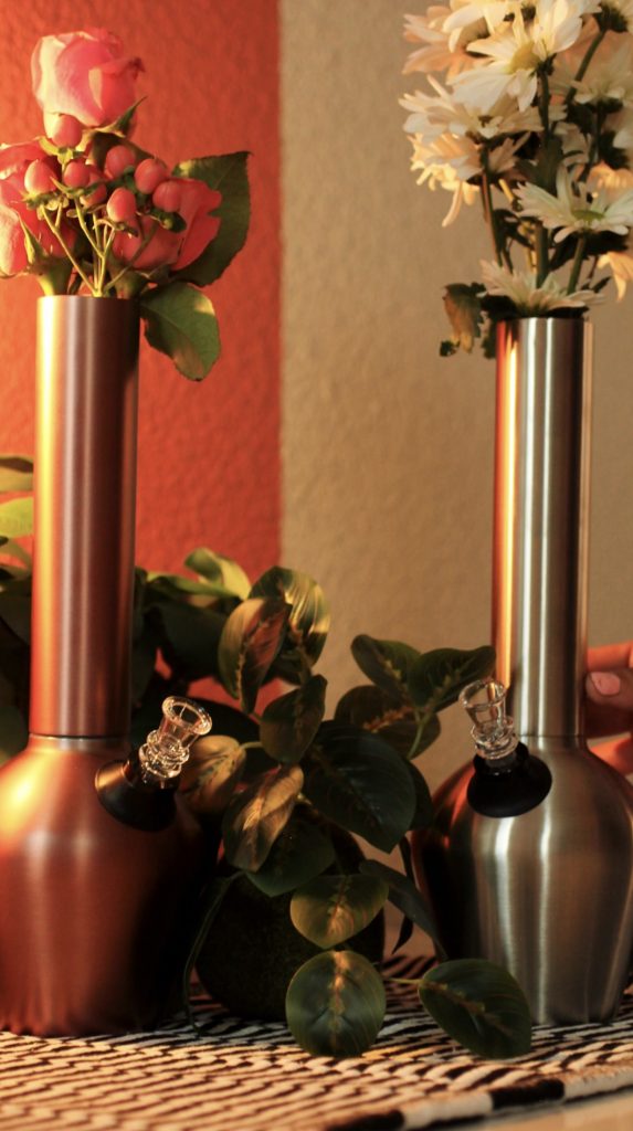 Copper and silver Chill bongs used as vases, an example of the best bong for fall decor