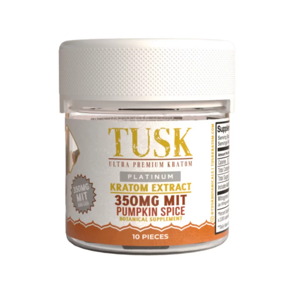 Kratom beverage product from Tusk Kratom showing kratom extract and orange mandarin jar in front of a white background.