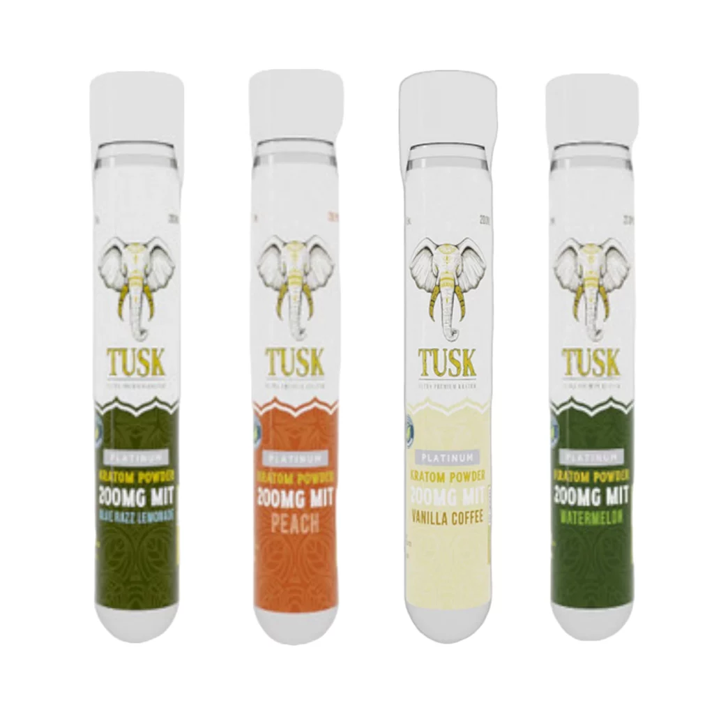Pre measured kratom displayed in front of a white background showing the shot containers.