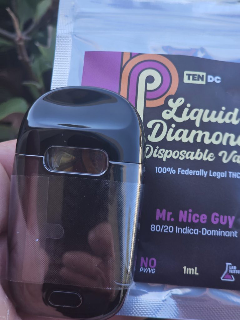 10DC Mr. Nice Guy showing the disposable vape and its packaging displayed outdoors on a bush.