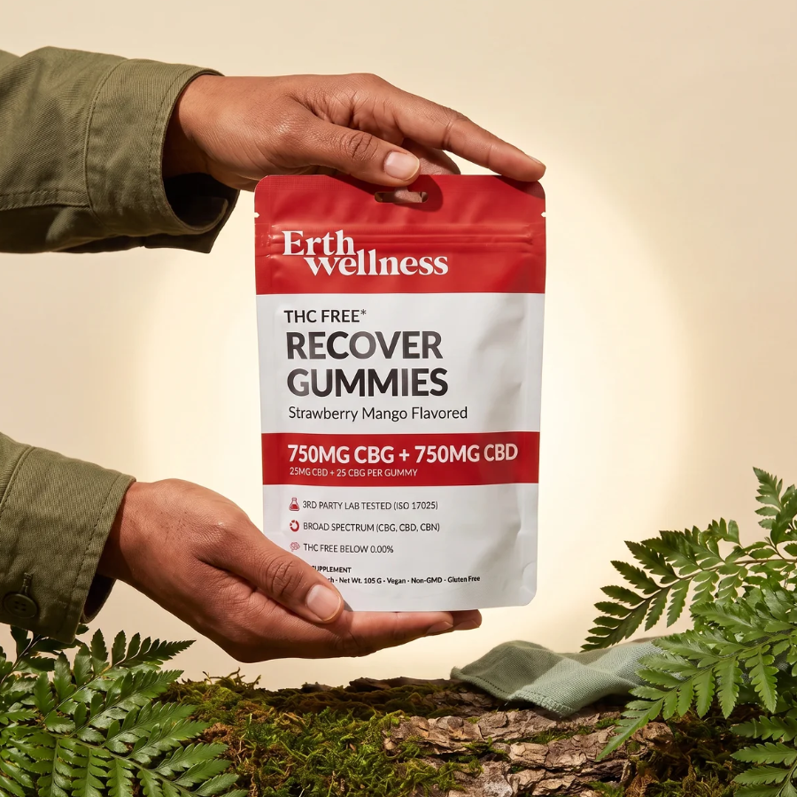 Gummies for relief displayed on top of green leaves being held by someone.