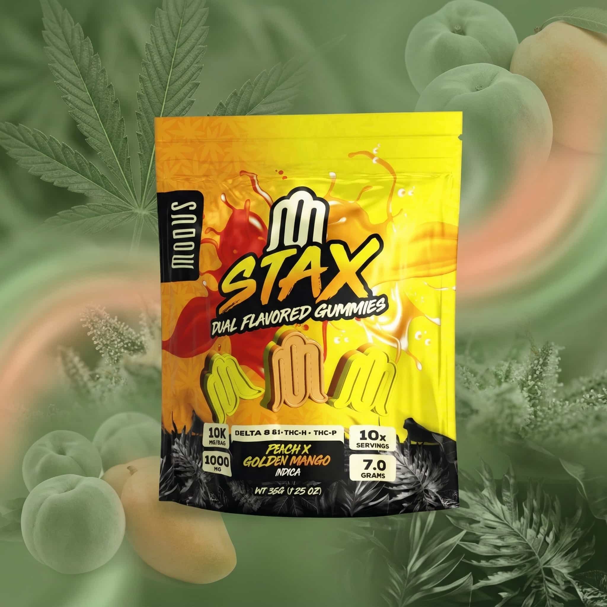 Dual Flavor Gummies displayed in front of a colorful background showing the product from Modus Brand.