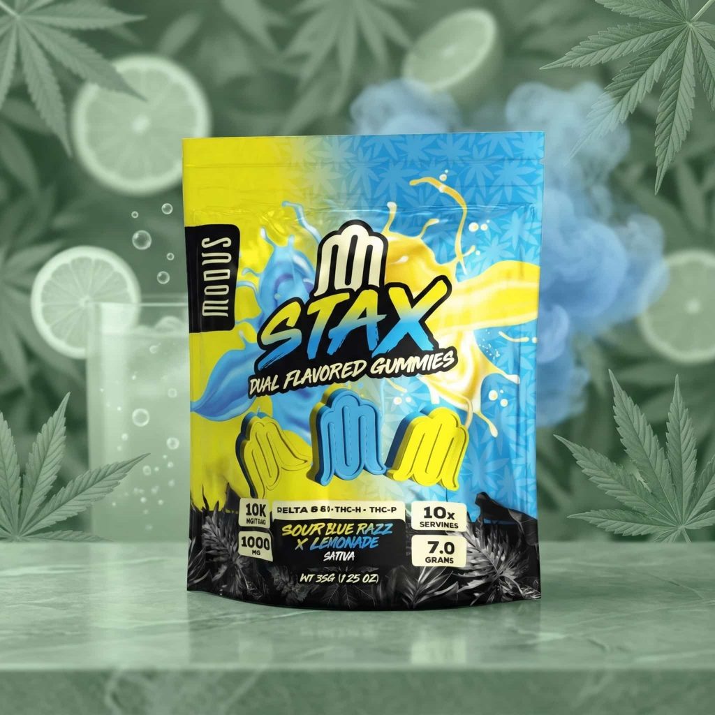 Dual Flavor Gummies displayed in front of a colorful background showing the product from Modus Brand.