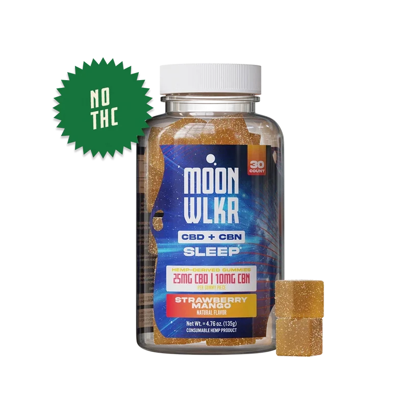 MOONWLKR CBD:CBN Sleep Gummies — Strawberry Mango displayed in front of a white background showing the jar and the gummy.