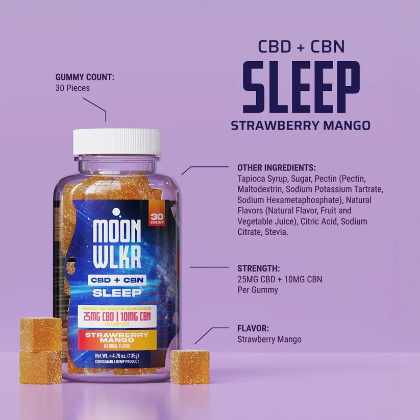 MOONWLKR CBD:CBN Sleep Gummies — Strawberry Mango displayed in front of a purple background showing the jar and the gummy.