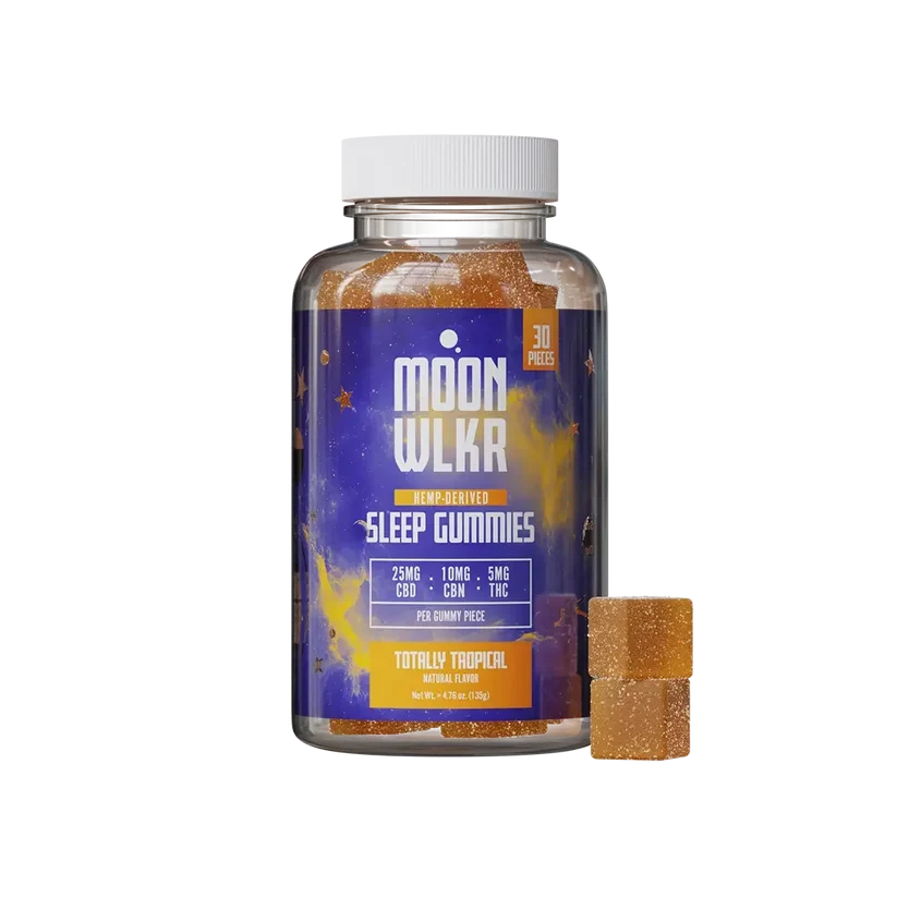MOONWLKR CBD: CBN : THC Sleep Gummies — Totally Tropical held by someone in the air showing the jar.