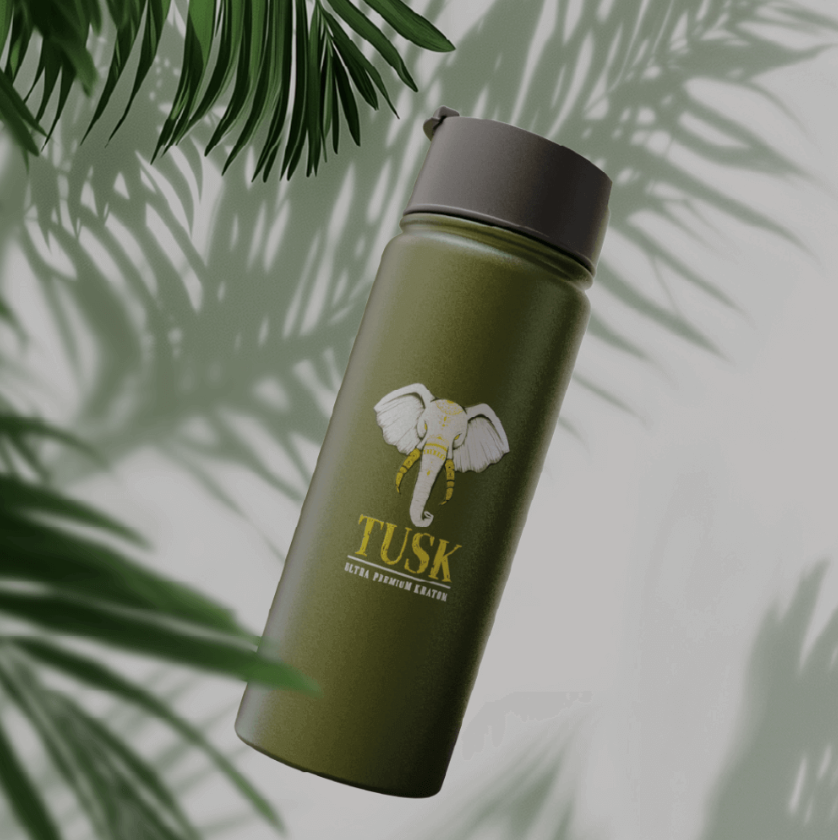 Kratom tea tumbler by Tusk Kratom displayed to show the product.