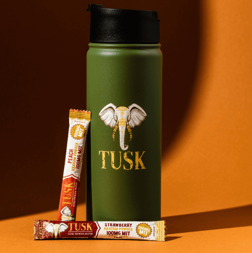 Kratom tea tumbler by Tusk Kratom displayed to show the product.